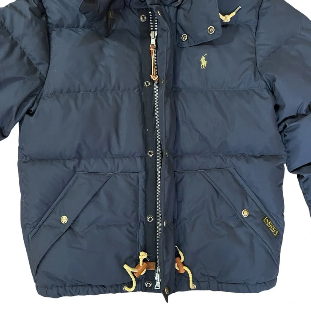 Polo Ralph Lauren Navy Goose Down Puffer Jacket Hooded Leather Toggle Coat Men’s